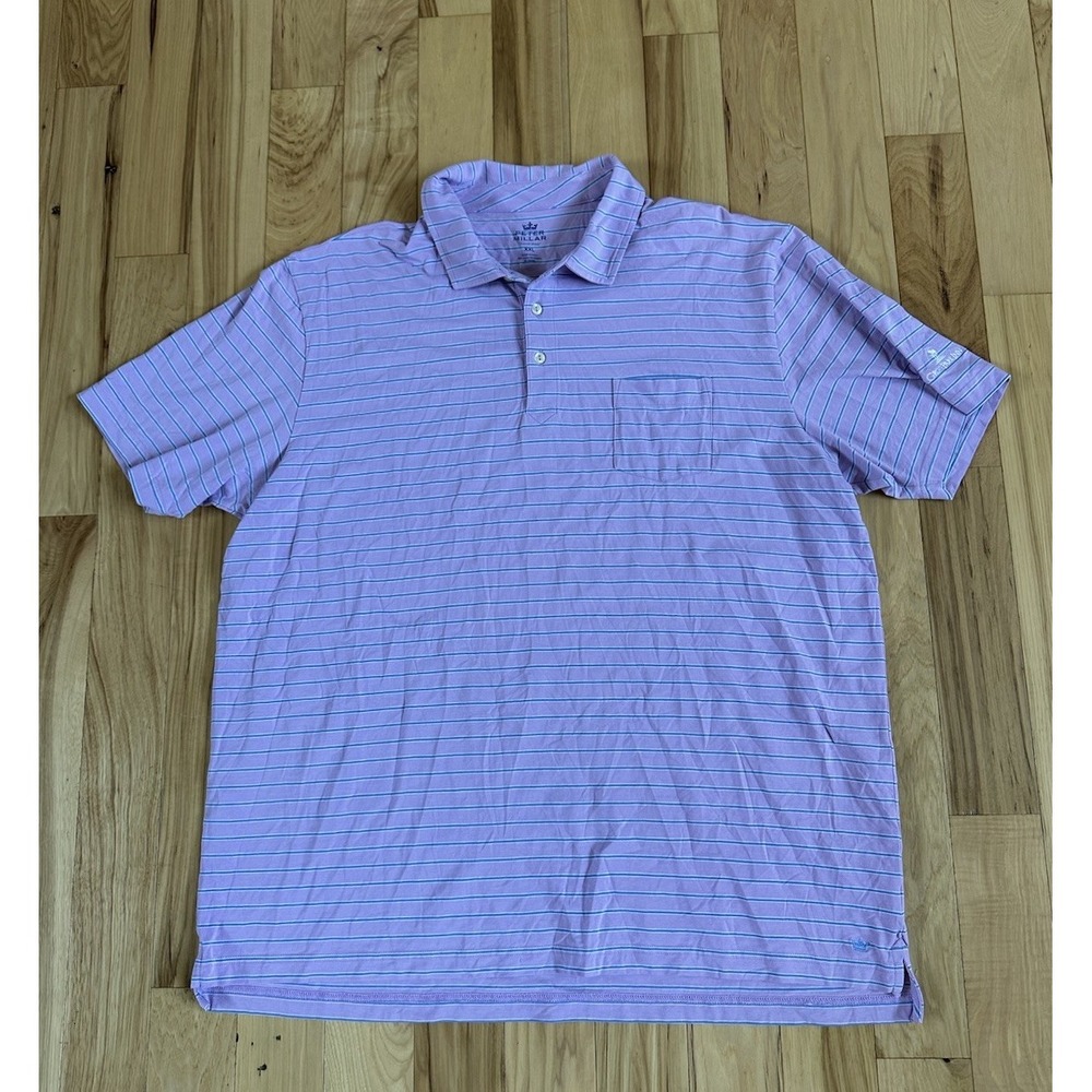 Peter Millar Seaside Wash Mens XXL Light Purple Stripe Golf Polo Shirt Pocket